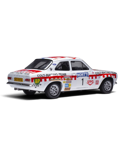 IXO 1:18 Ford Escort Mk1 RS1600 #1 Mäkinen/Liddon, 1974 1000 Lakes Rally, rear three-quarter view with BP decal