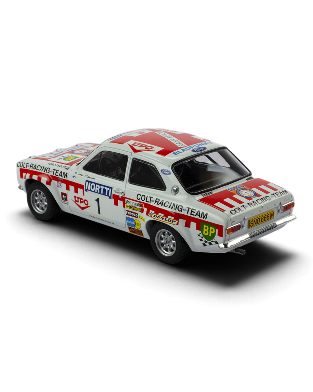 IXO 1:18 Ford Escort Mk1 RS1600 #1 Mäkinen/Liddon, 1974 1000 Lakes Rally 2nd place, rear three-quarter view
