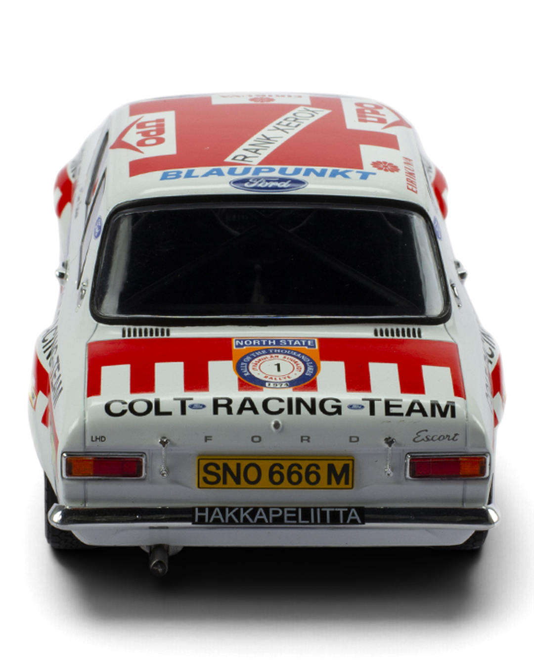 IXO 1:18 Ford Escort Mk1 RS1600 #1 Mäkinen/Liddon, 1974 1000 Lakes Rally 2nd place, straight-on rear view