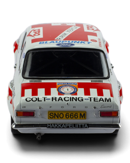 IXO 1:18 Ford Escort Mk1 RS1600 #1 Mäkinen/Liddon, 1974 1000 Lakes Rally 2nd place, straight-on rear view