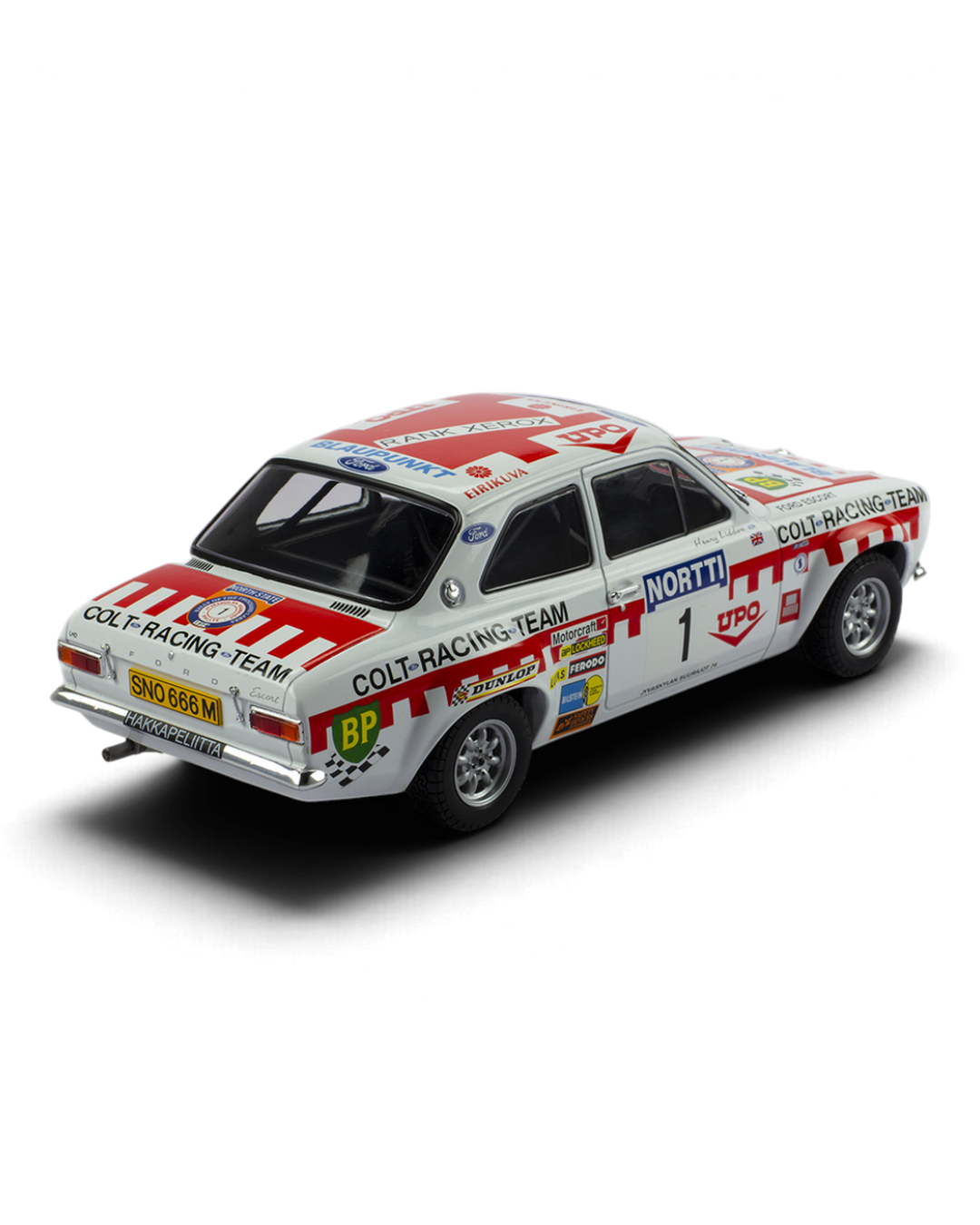 IXO 1:18 Ford Escort Mk1 RS1600 #1 Mäkinen/Liddon, 1974 1000 Lakes Rally 2nd place, rear three-quarter view, opposite side