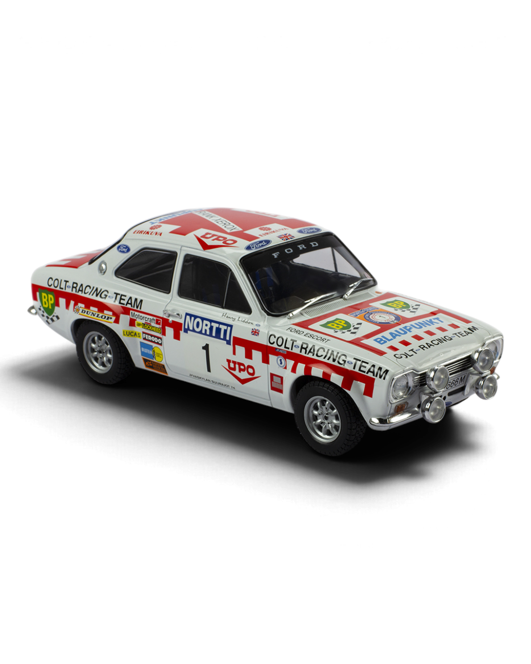 IXO 1:18 Ford Escort Mk1 RS1600 #1 Mäkinen/Liddon, 1974 1000 Lakes Rally 2nd place, front three-quarter view