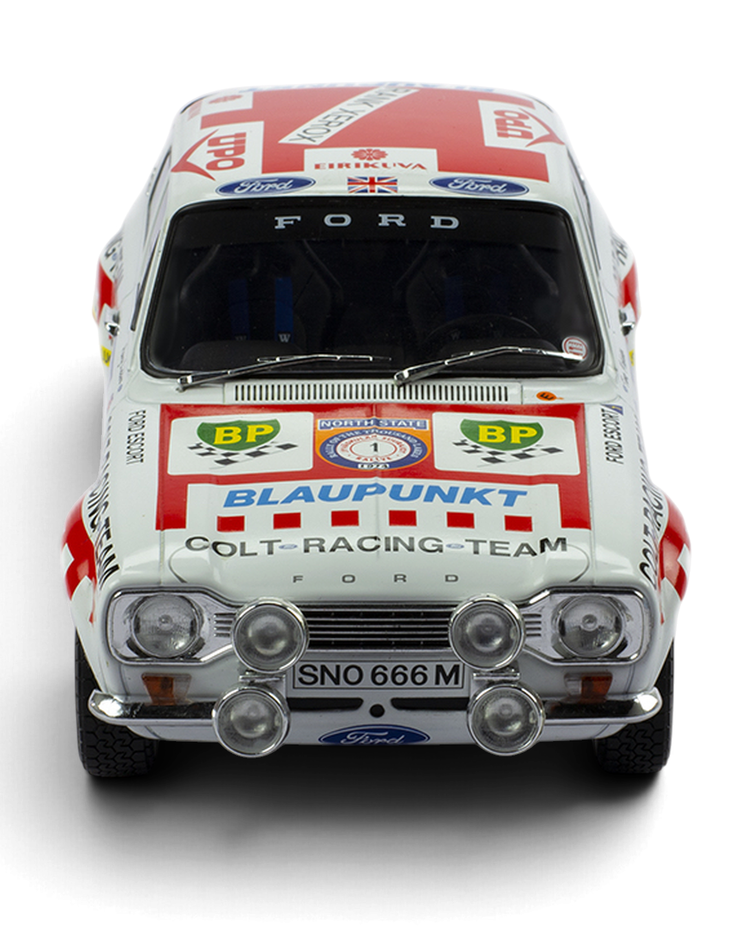 IXO 1:18 Ford Escort Mk1 RS1600 #1 Mäkinen/Liddon, 1974 1000 Lakes Rally 2nd place, straight-on front view with four spot lamps