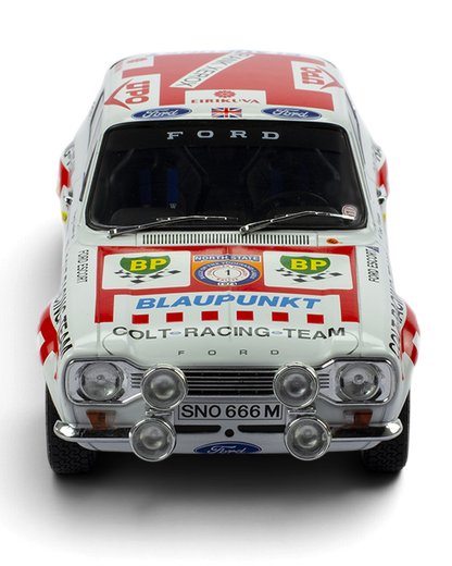 IXO 1:18 Ford Escort Mk1 RS1600 #1 Mäkinen/Liddon, 1974 1000 Lakes Rally 2nd place, straight-on front view with four spot lamps