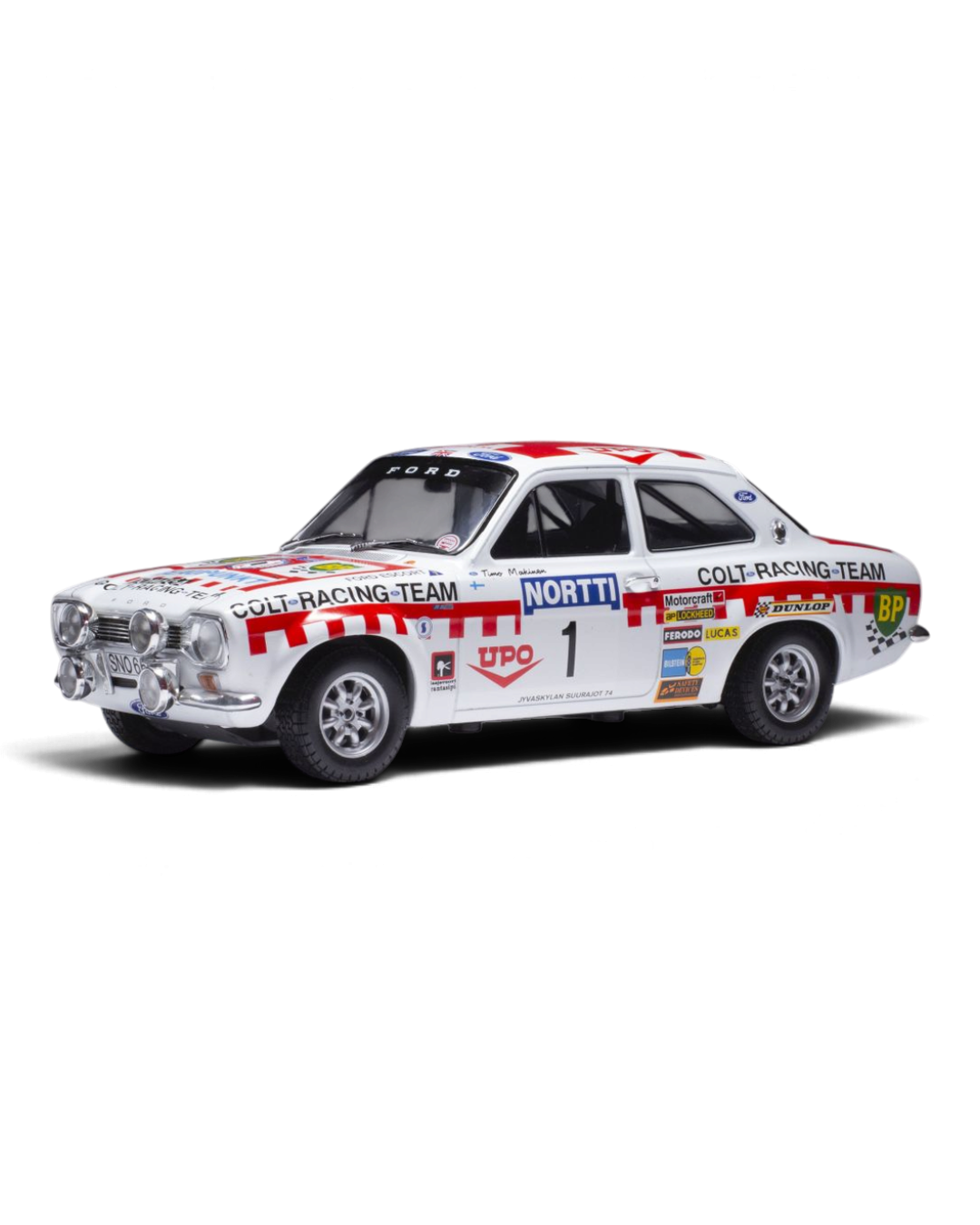 IXO 1:18 Ford Escort Mk1 RS1600 #1 Mäkinen/Liddon, 2nd on the 1974 1000 Lakes Rally, front three-quarter view