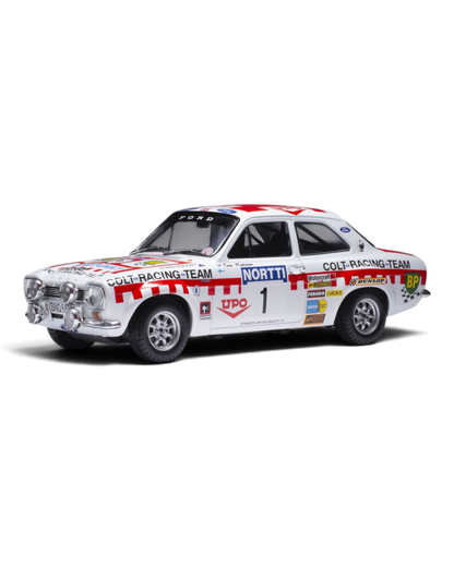 IXO 1:18 Ford Escort Mk1 RS1600 #1 Mäkinen/Liddon, 2nd on the 1974 1000 Lakes Rally, front three-quarter view