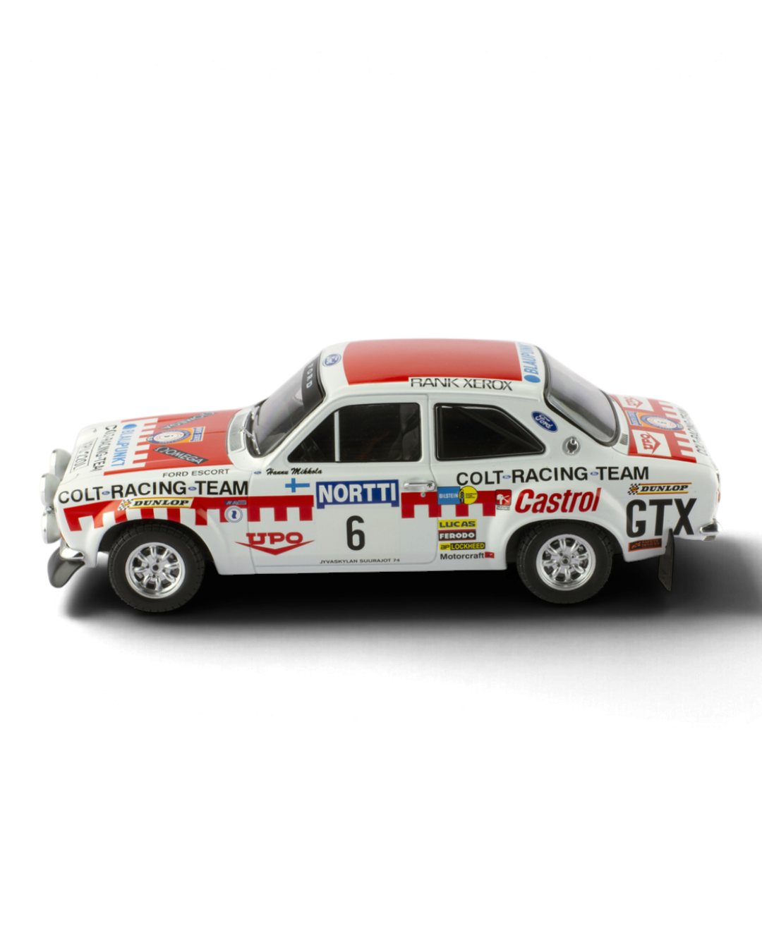 IXO 1:18 Ford Escort Mk1 RS1600 #6 Mikkola/Davenport, 1974 1000 Lakes Rally winner, side profile