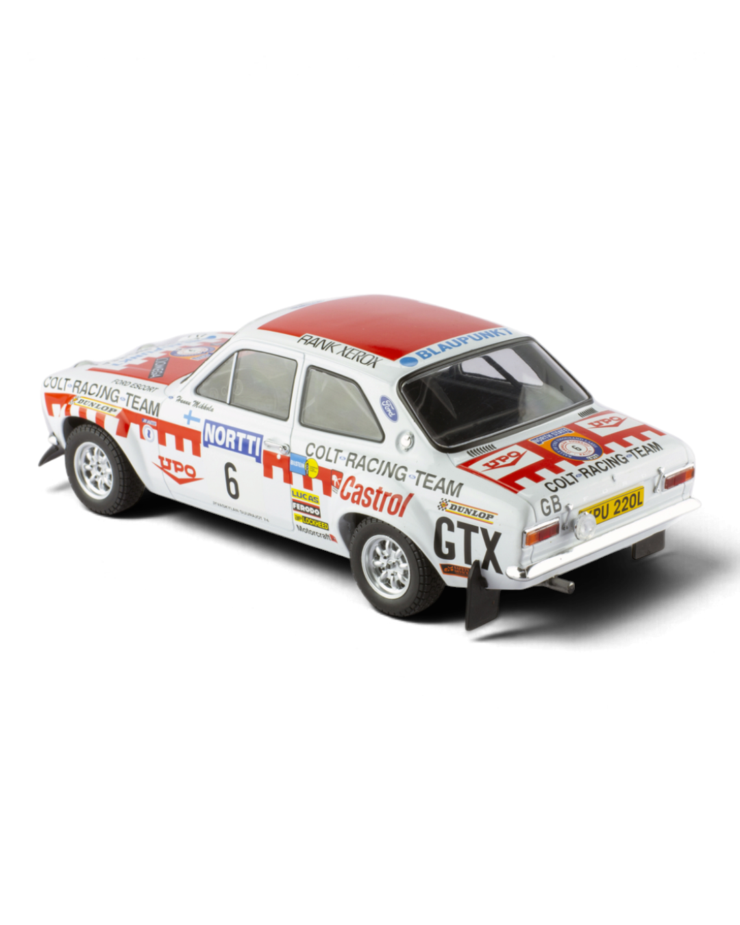 IXO 1:18 Ford Escort Mk1 RS1600 #6 Mikkola/Davenport, 1974 1000 Lakes Rally winner, rear three-quarter view
