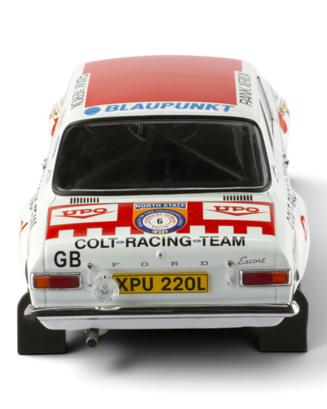 IXO 1:18 Ford Escort Mk1 RS1600 #6 Mikkola/Davenport, 1974 1000 Lakes Rally winner, straight-on rear view