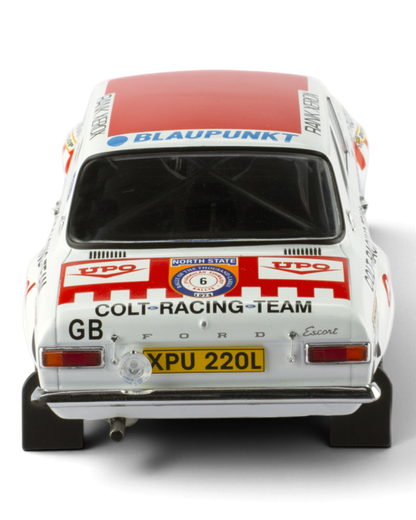 IXO 1:18 Ford Escort Mk1 RS1600 #6 Mikkola/Davenport, 1974 1000 Lakes Rally winner, straight-on rear view