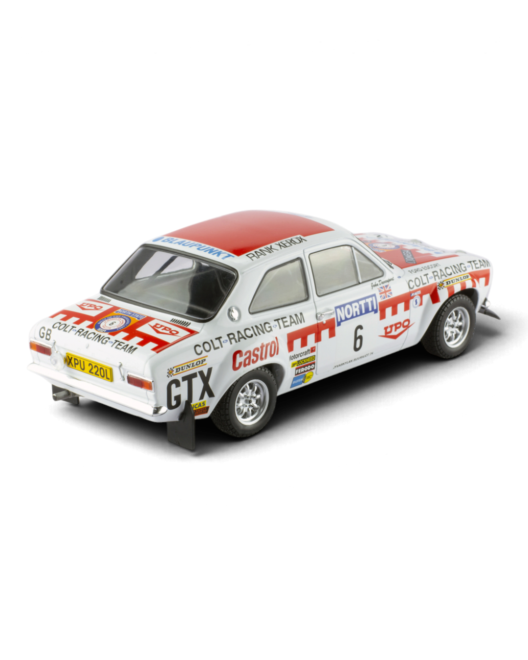 IXO 1:18 Ford Escort Mk1 RS1600 #6 Mikkola/Davenport, 1974 1000 Lakes Rally winner, rear three-quarter view, opposite side