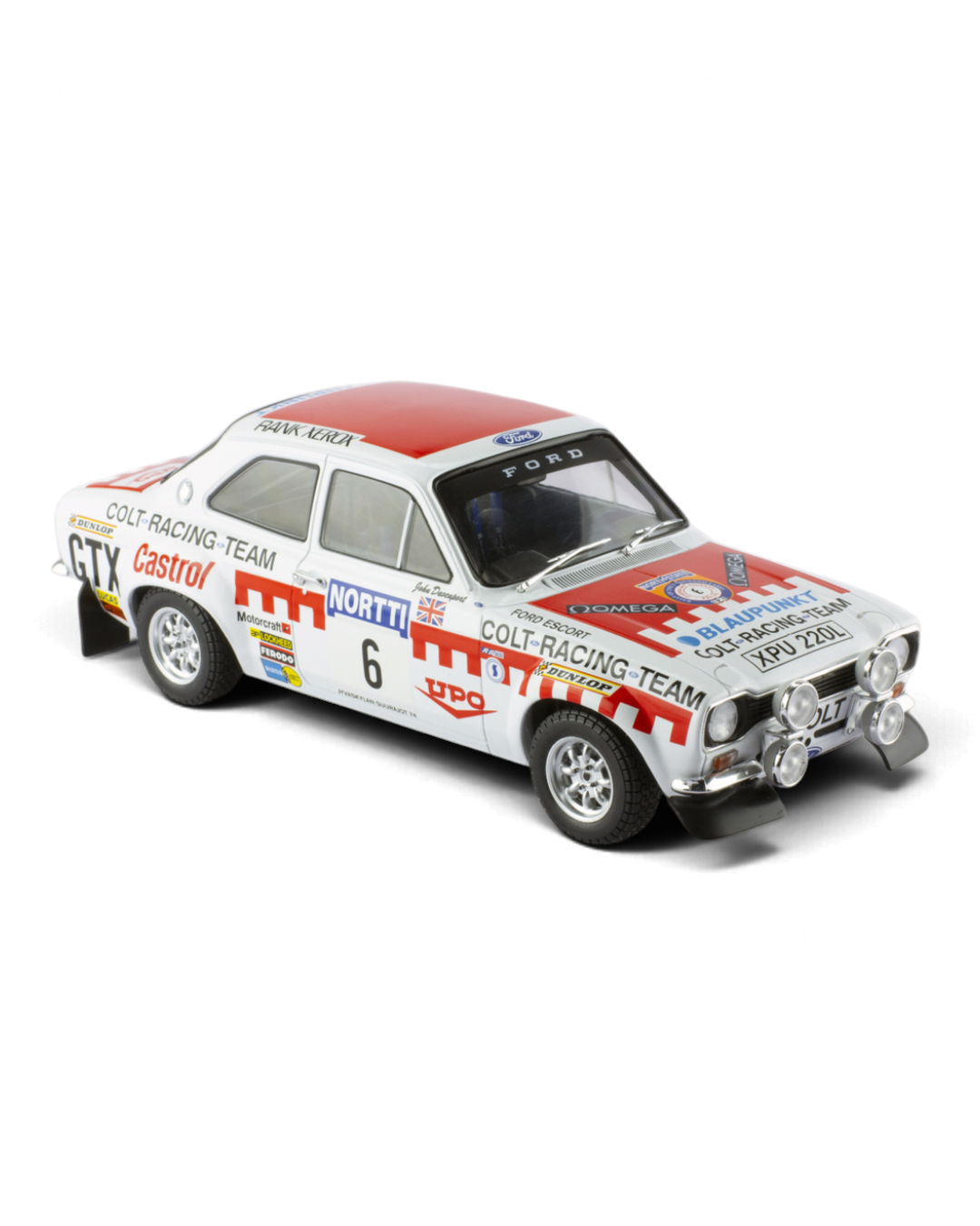 IXO 1:18 Ford Escort Mk1 RS1600 #6 Mikkola/Davenport, 1974 1000 Lakes Rally winner, front three-quarter view