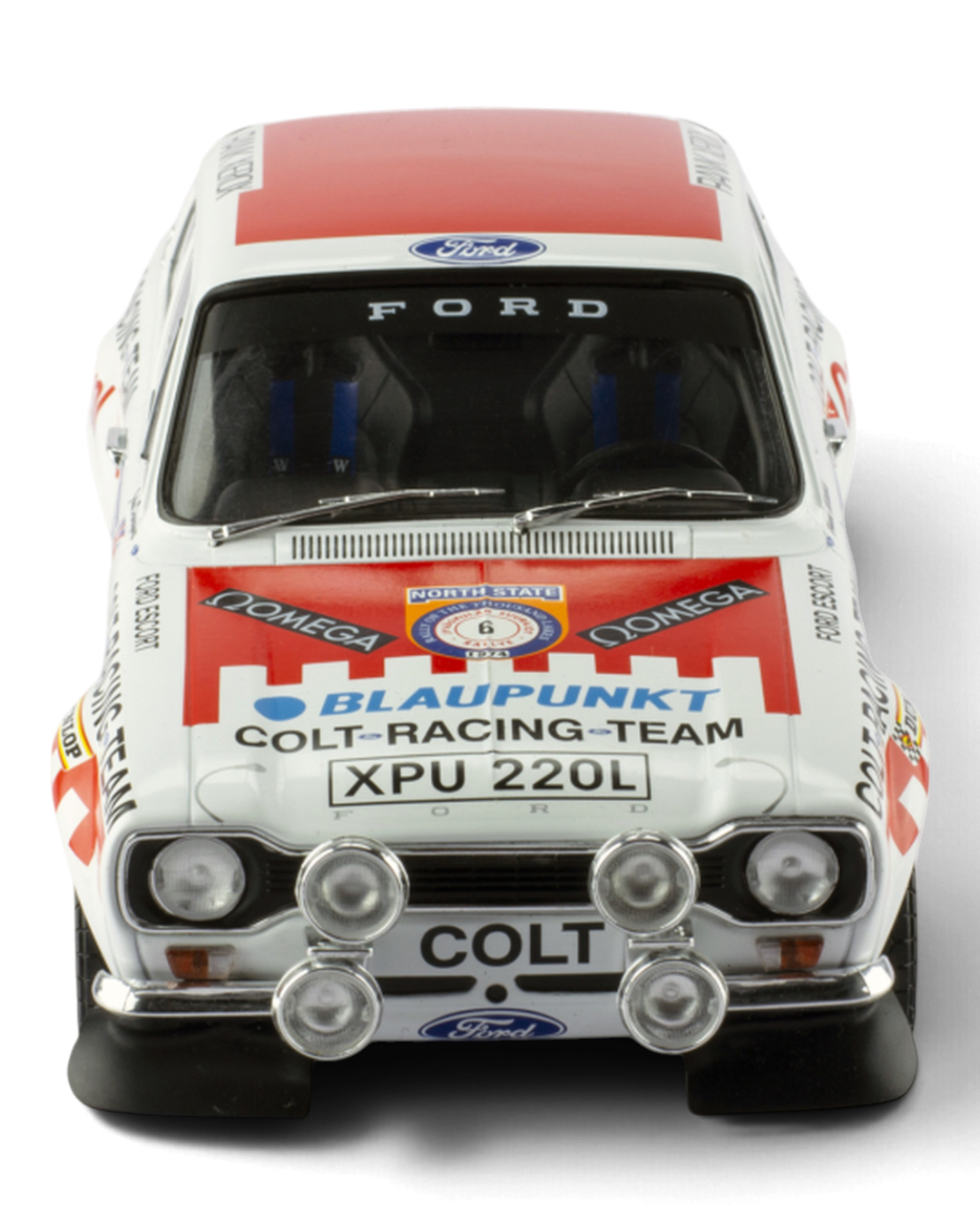 IXO 1:18 Ford Escort Mk1 RS1600 #6 Mikkola/Davenport, 1974 1000 Lakes Rally winner, straight-on front view with four spot lamps