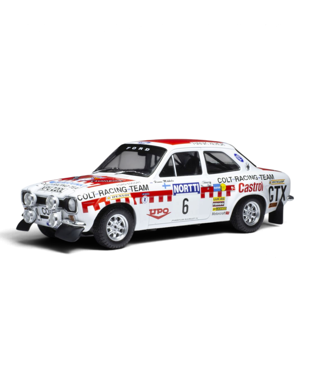 IXO 1:18 Ford Escort Mk1 RS1600 #6 Mikkola/Davenport, 1974 1000 Lakes Rally winner, front three-quarter view