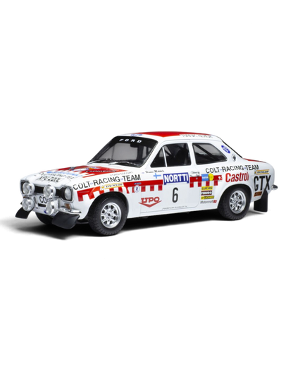 IXO 1:18 Ford Escort Mk1 RS1600 #6 Mikkola/Davenport, 1974 1000 Lakes Rally winner, front three-quarter view