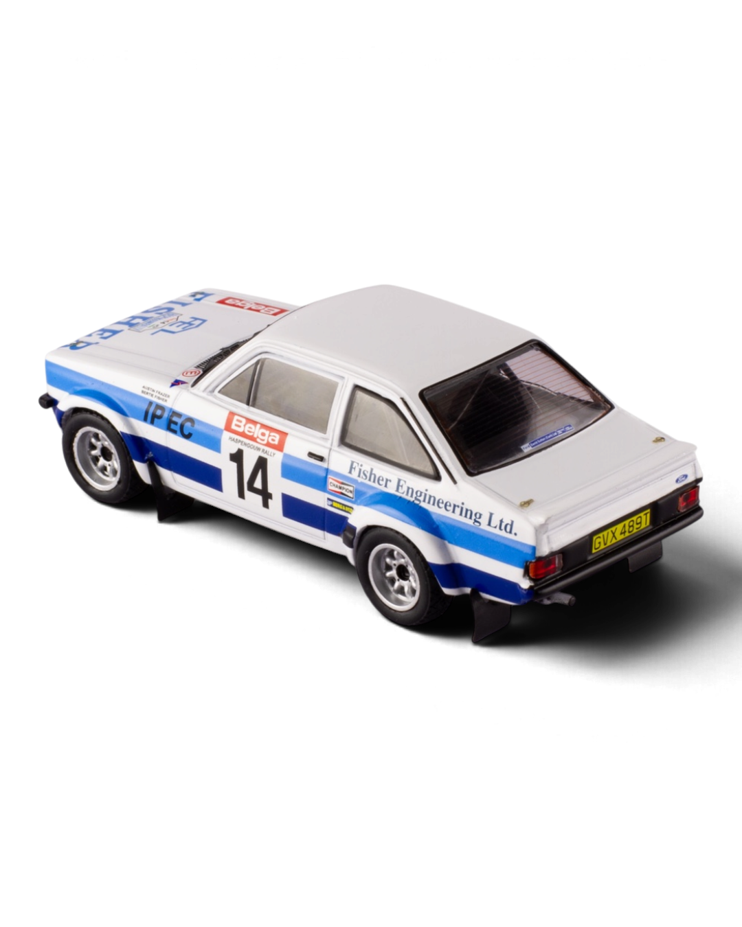 IXO 1:43 Ford Escort Mk2 RS1800 #14 Bertie Fisher/Austin Frazer, 1981 Haspengouw Rally, rear three-quarter view
