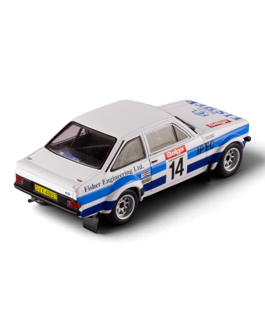 IXO 1:43 Ford Escort Mk2 RS1800 #14 Bertie Fisher/Austin Frazer, 1981 Haspengouw Rally, rear three-quarter view, opposite side