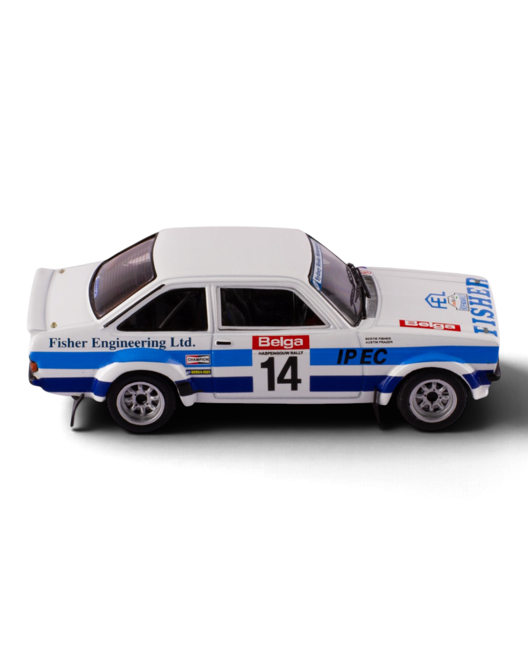 IXO 1:43 Ford Escort Mk2 RS1800 #14 Bertie Fisher/Austin Frazer, 1981 Haspengouw Rally, side profile