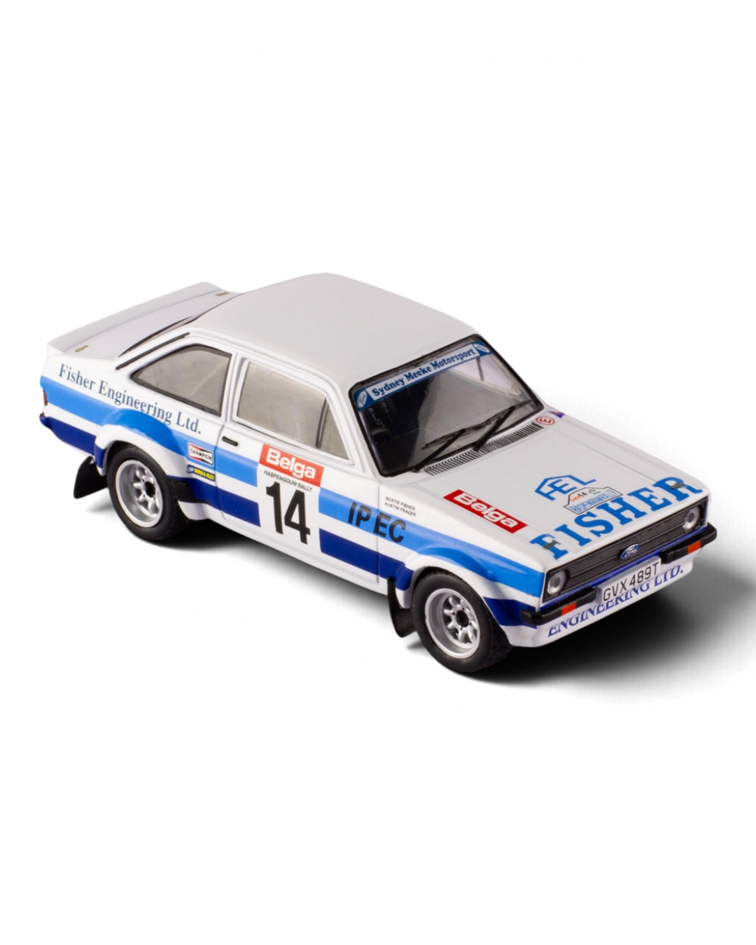 IXO 1:43 Ford Escort Mk2 RS1800 #14 Bertie Fisher/Austin Frazer, 1981 Haspengouw Rally, front three-quarter view