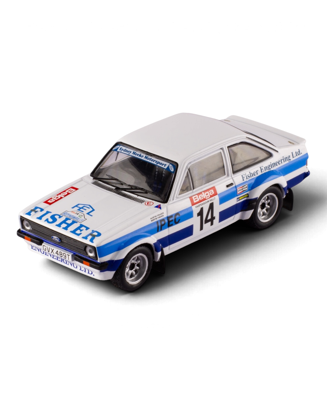 IXO 1:43 Ford Escort Mk2 RS1800 #14 Bertie Fisher/Austin Frazer, 1981 Haspengouw Rally, front three-quarter view