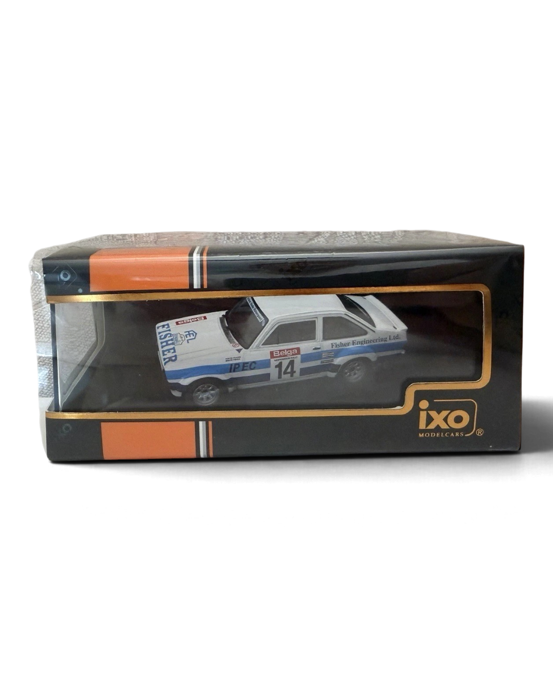VaultifyUK IXO 1:43 scale Ford Escort Mk2 RS1800 rally car model in white with blue stripes in its display box.
