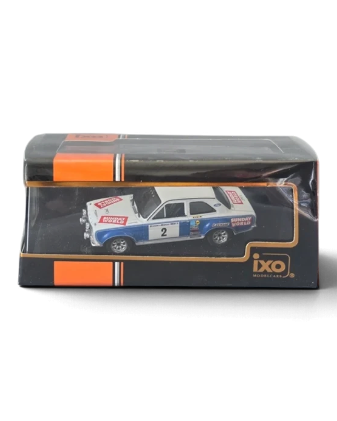 VaultifyUK IXO 1:43 scale Ford Escort Mk1 RS1600 rally car model in white and blue with #2 racing livery