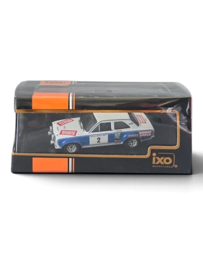VaultifyUK IXO 1:43 scale Ford Escort Mk1 RS1600 rally car model in white and blue with #2 racing livery