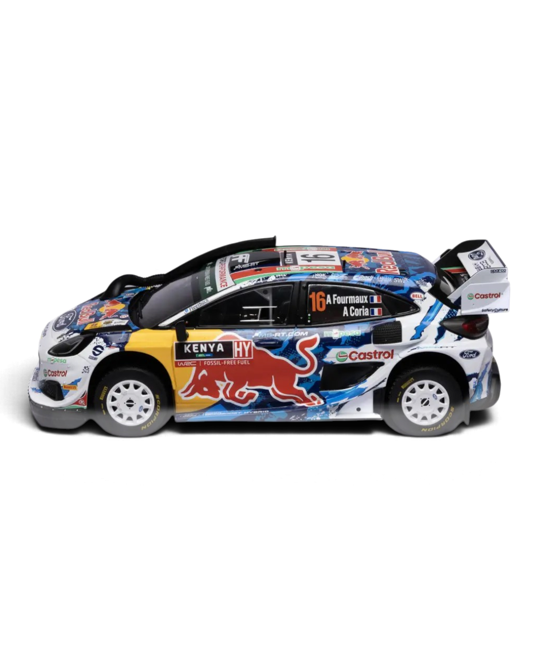 IXO 1:18 Ford Puma Rally1 #16 Fourmaux/Coria, Safari Rally Kenya 2024, left side and front from above