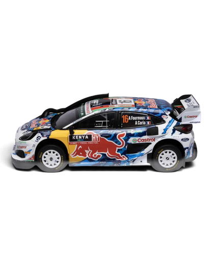 IXO 1:18 Ford Puma Rally1 #16 Fourmaux/Coria, Safari Rally Kenya 2024, left side and front from above