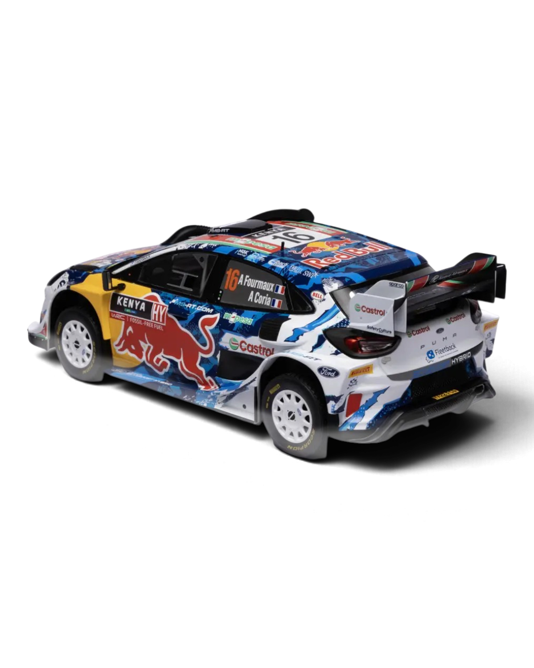 IXO 1:18 Ford Puma Rally1 #16 Fourmaux/Coria, Safari Rally Kenya 2024, left rear three-quarter view showing the rear wing