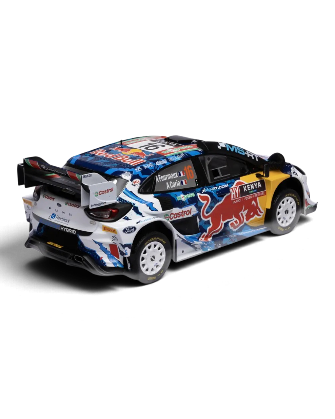 IXO 1:18 Ford Puma Rally1 #16 Fourmaux/Coria, Safari Rally Kenya 2024, right rear three-quarter view