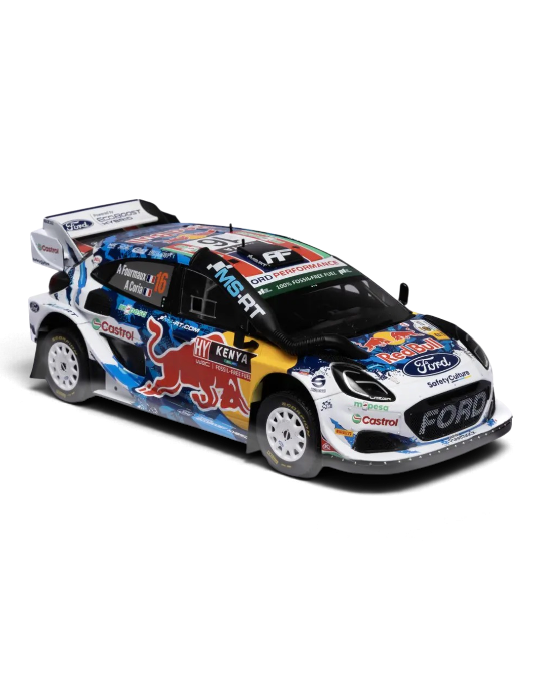 IXO 1:18 Ford Puma Rally1 #16 Fourmaux/Coria, Safari Rally Kenya 2024, right front three-quarter view