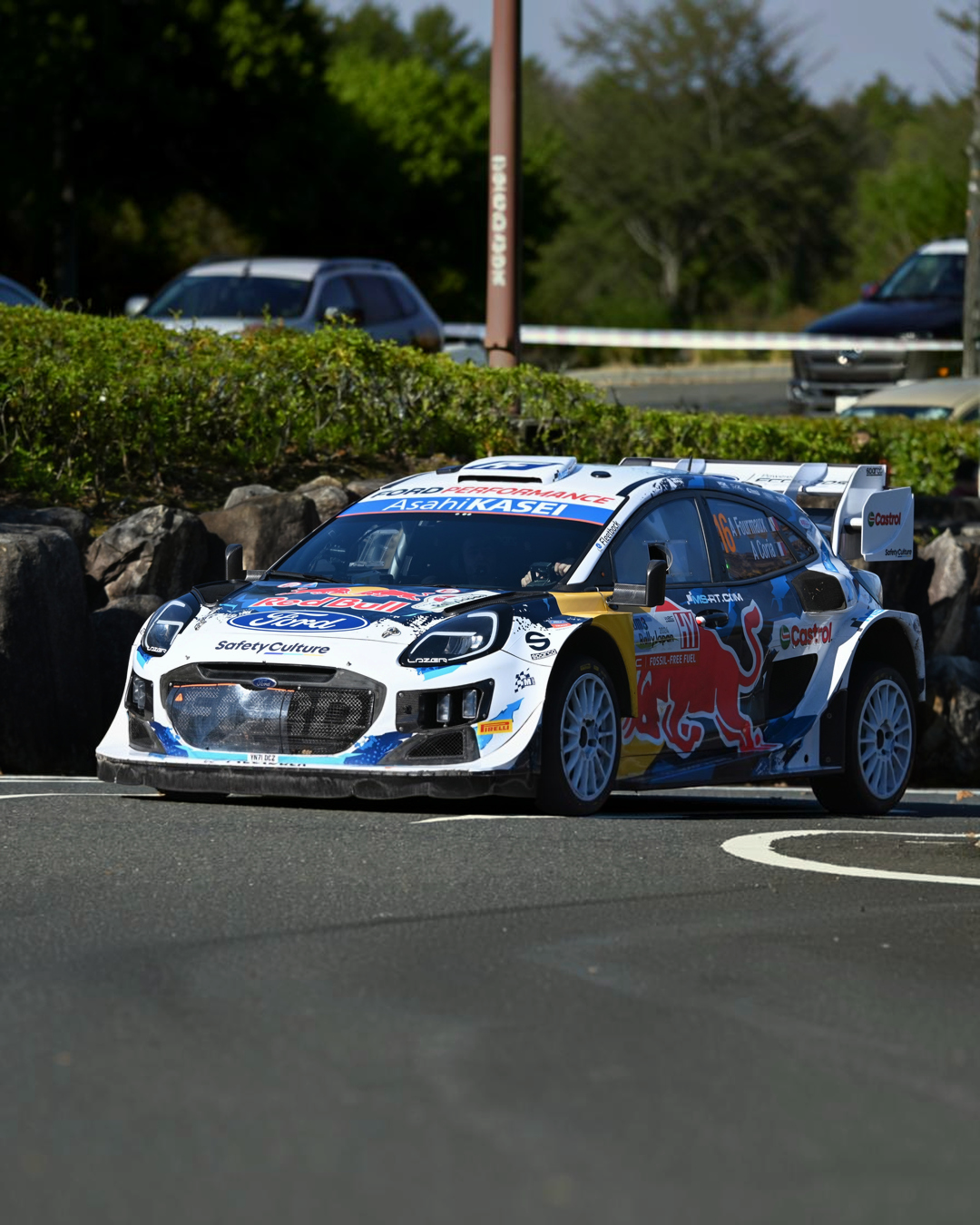 The real car: Adrien Fourmaux and Alexandre Coria's #16 Ford Puma Rally1 in its 2024 colours, on the move at Rally Japan 2024