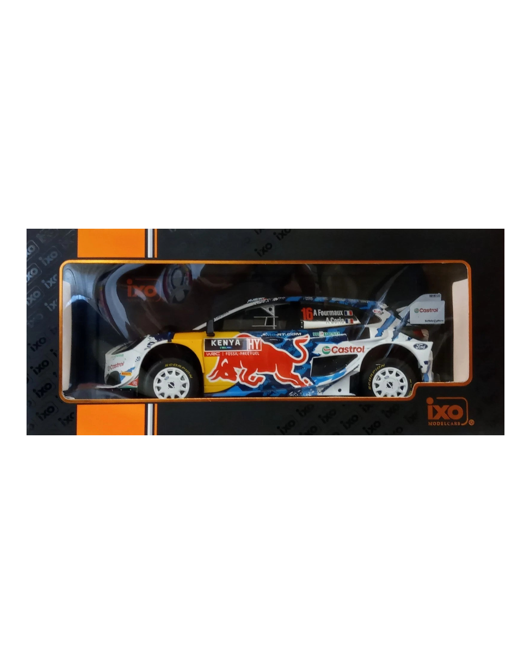 VaultifyUK IXO 1:18 scale Ford Puma Rally1 #16 model car in white and blue Safari Rally Kenya 2024 livery