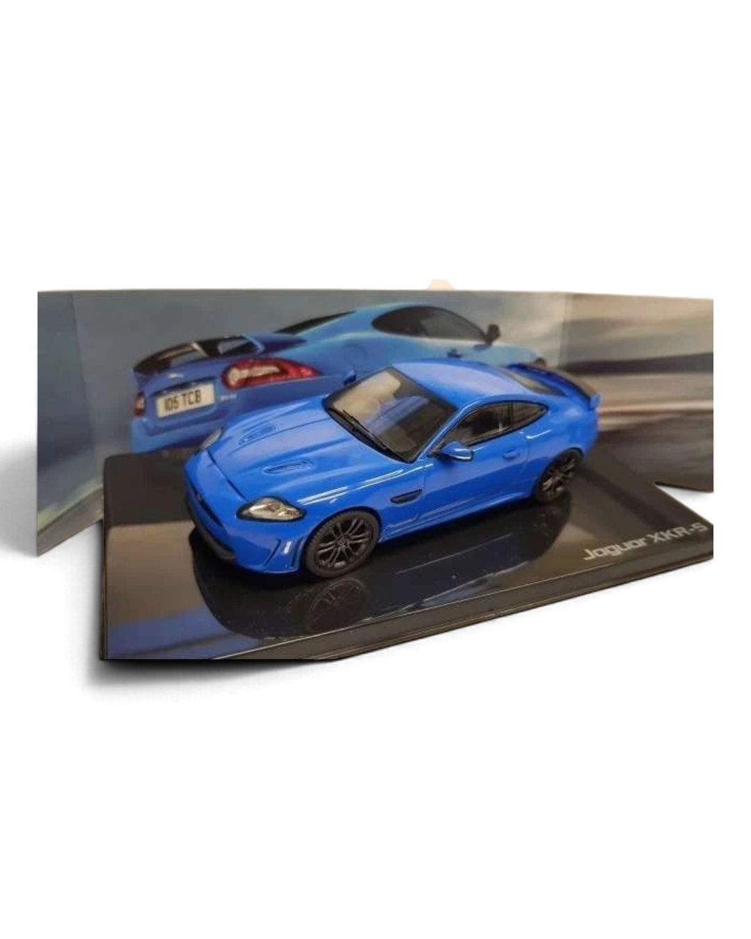 VaultifyUK IXO 1:43 scale Jaguar XKR-S model car in French Racing Blue with black wheels and rear spoiler on display