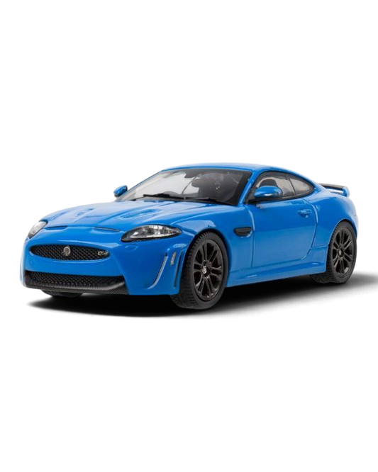 VaultifyUK 1:43 scale Jaguar XKR-S model car in French Racing Blue with gloss-black wheels and rear spoiler.