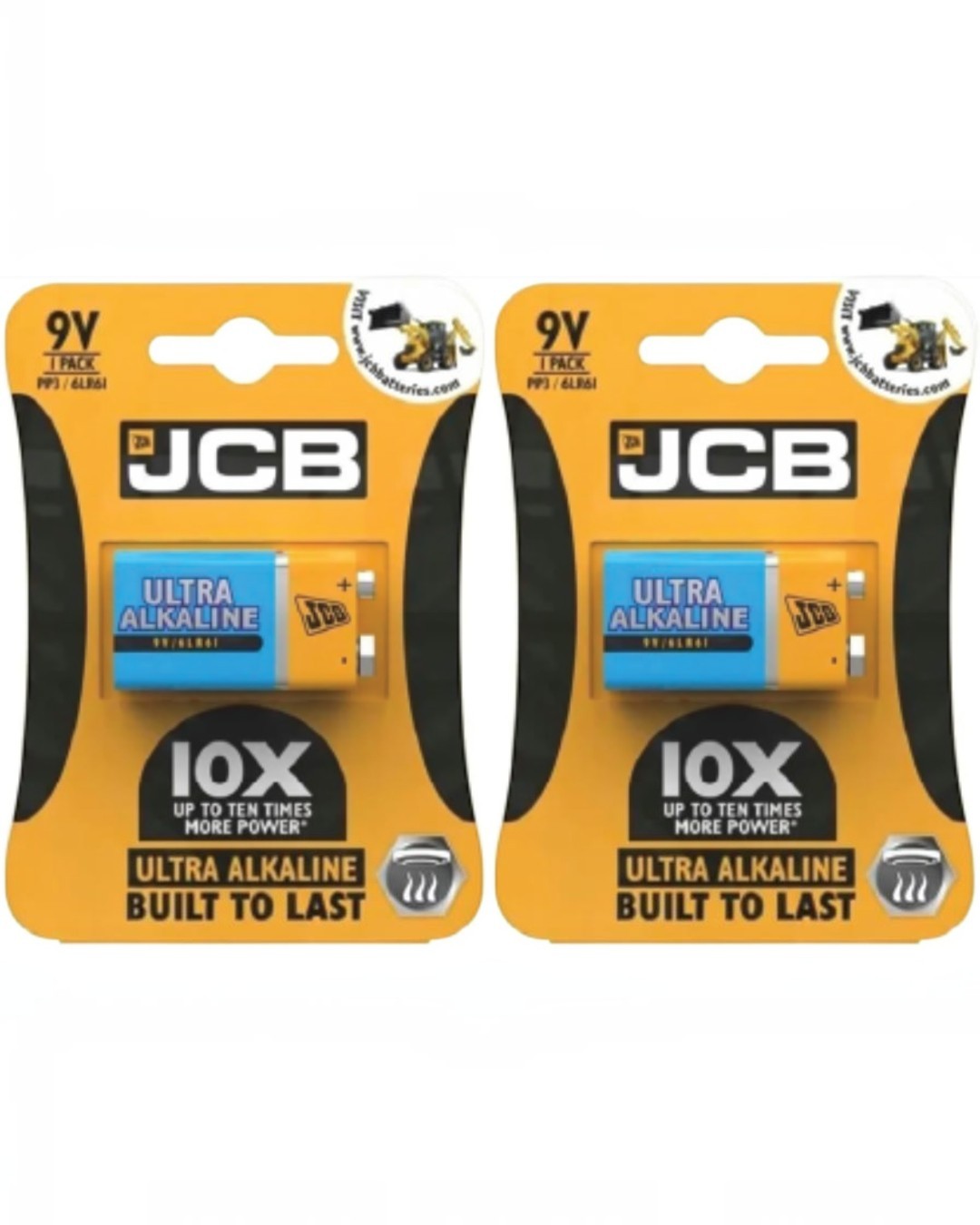 VaultifyUK 2 pack of JCB 9V Ultra Alkaline PP3 batteries in individual yellow and blue retail blister packaging.