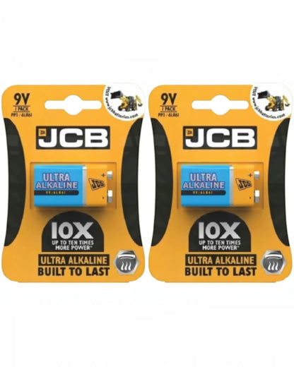 VaultifyUK 2 pack of JCB 9V Ultra Alkaline PP3 batteries in individual yellow and blue retail blister packaging.