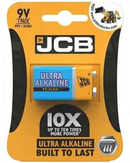 VaultifyUK JCB 9V Ultra Alkaline PP3 battery in yellow and blue retail packaging for smoke alarms and devices