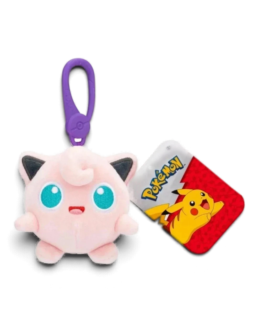 VaultifyUK Jigglypuff Pokémon 3.5 inch plush bag clip with purple plastic carabiner and official character swing tag