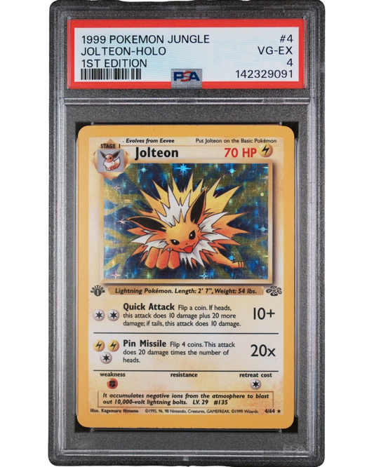 VaultifyUK 1999 1st Edition Jolteon Holo Rare Pokémon card from the Jungle set, graded PSA 4 VG-EX.