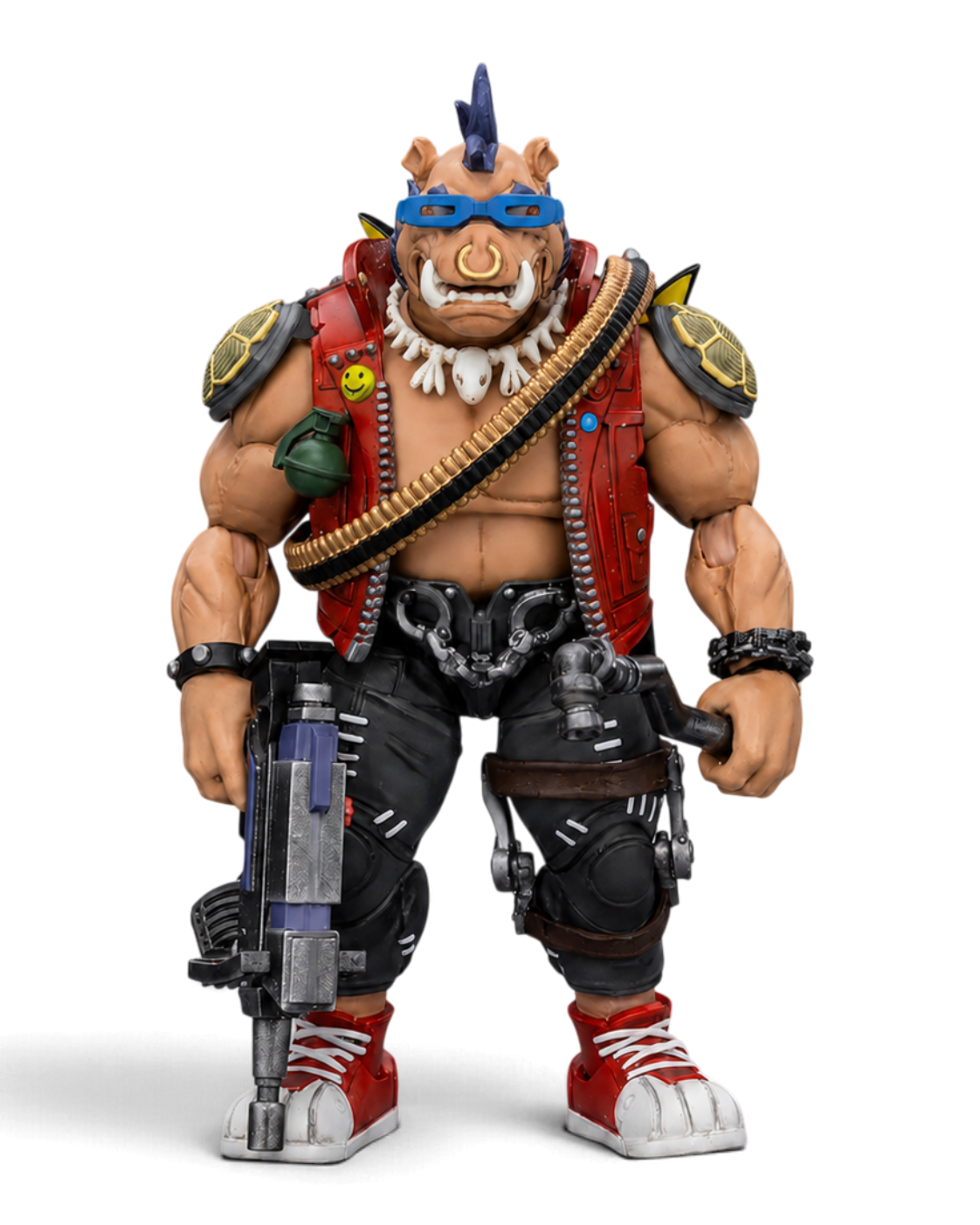 VaultifyUK JoyToy Bebop 1/18 scale action figure with mohawk, red vest, and accessories on a grey background