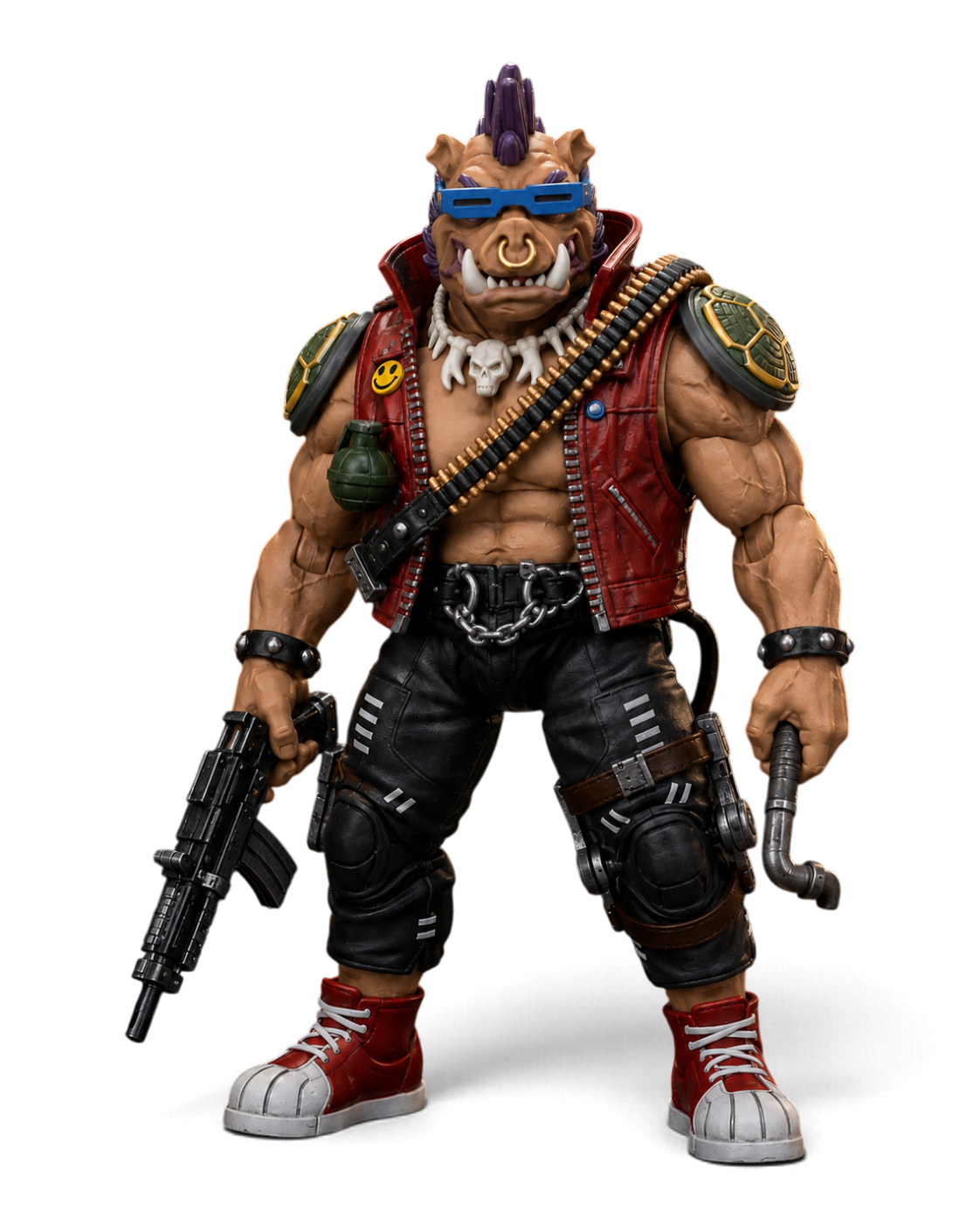 VaultifyUK JoyToy Bebop 1/18 scale action figure with mohawk, red leather vest, and weapons in a gritty alleyway scene.