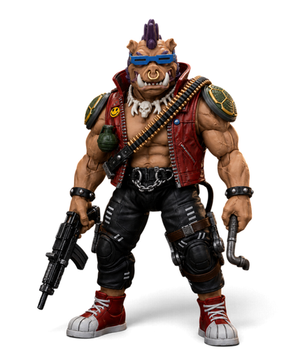 VaultifyUK JoyToy Bebop 1/18 scale action figure with mohawk, red leather vest, and weapons in a gritty alleyway scene.