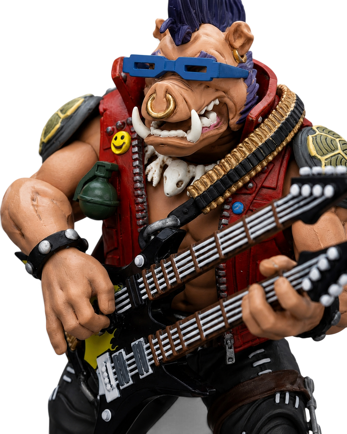 VaultifyUK JoyToy Bebop 1/18 scale action figure playing a guitar, featuring a red leather vest and blue glasses.