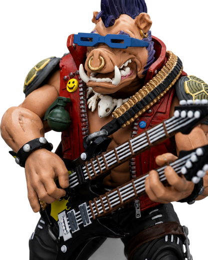 VaultifyUK JoyToy Bebop 1/18 scale action figure playing a guitar, featuring a red leather vest and blue glasses.