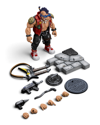 VaultifyUK JoyToy Bebop 1/18 scale action figure with punk-rock outfit, guitar, weapons, and sewer display base.