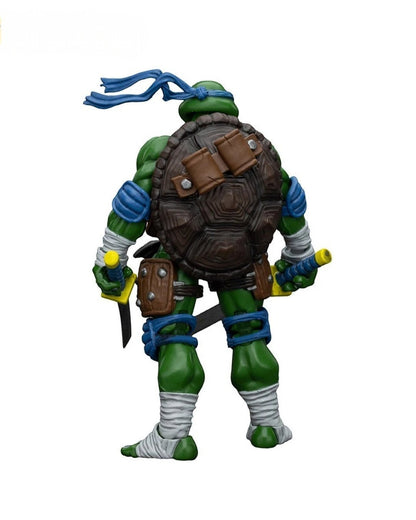 VaultifyUK JoyToy Leonardo TMNT action figure seen from behind with blue mask, brown shell, and dual katanas