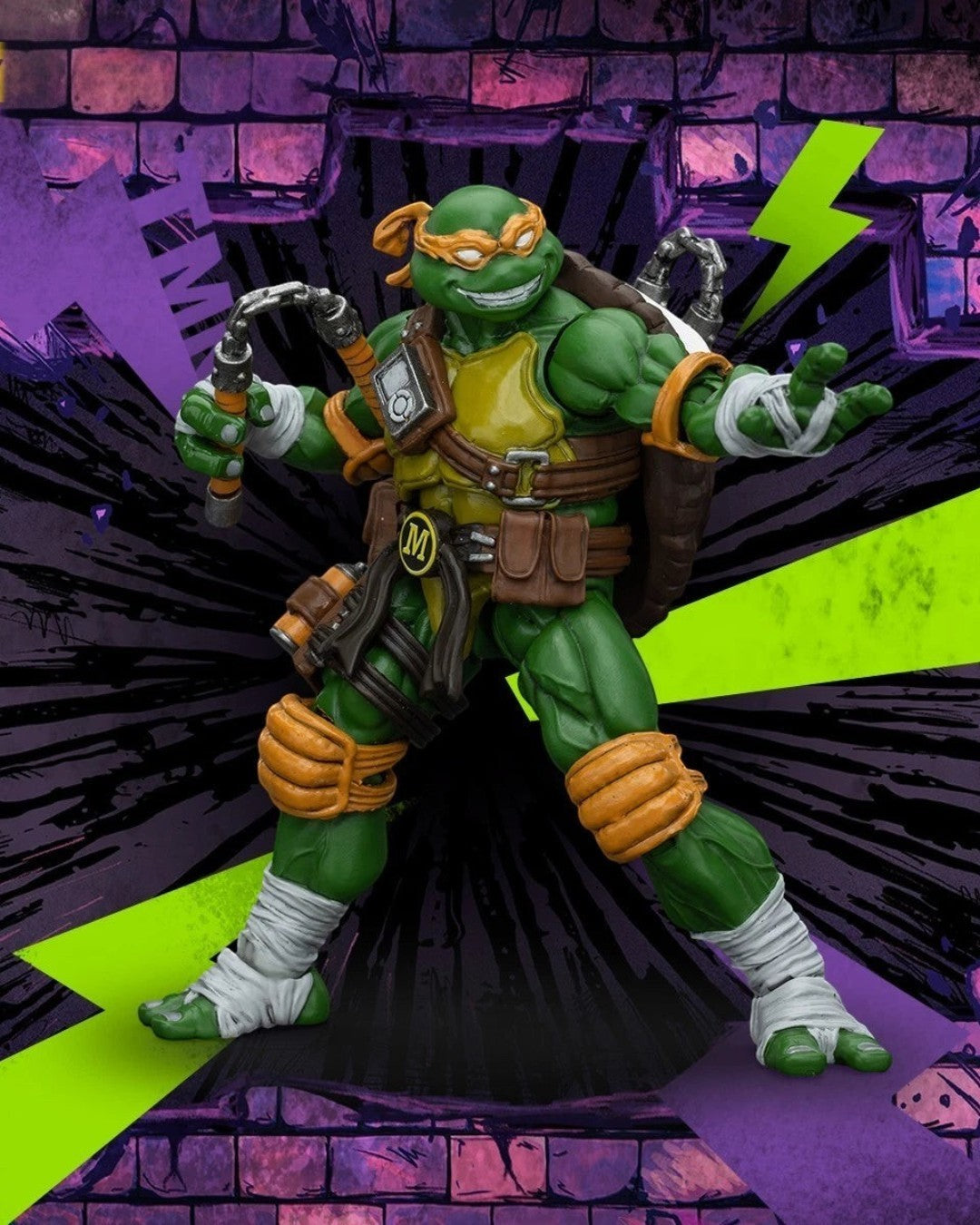 VaultifyUK JOYTOY Michelangelo action figure with nunchaku, 1/18 scale TMNT collectible in dynamic fighting pose