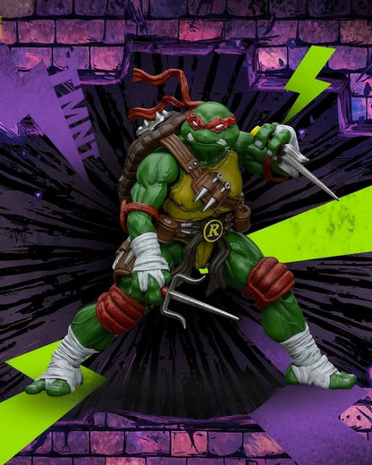 VaultifyUK JoyToy Raphael action figure with red mask and sai weapons in a dynamic fighting pose against a brick wall